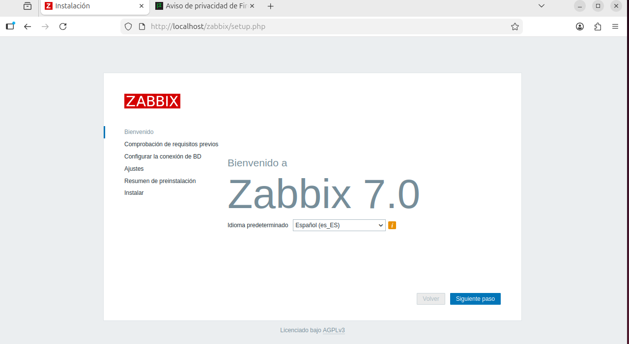 Pantalla de bienvenida del instalador web de Zabbix 7.0